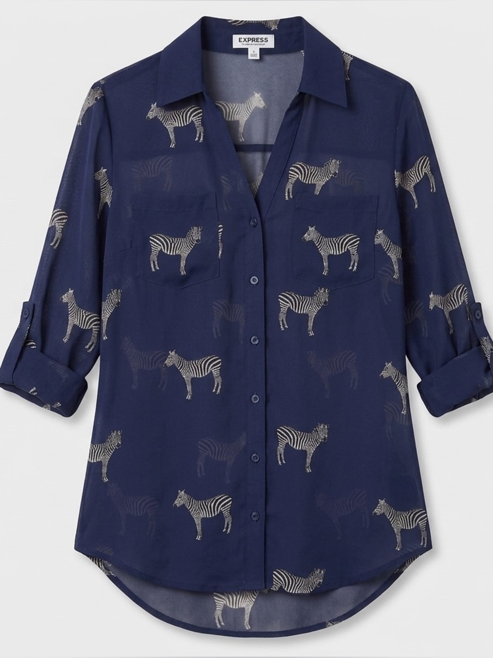 Express Zebra Print Blouse The Portofino Shirt - Sheer - Size XS - Electric Blue
